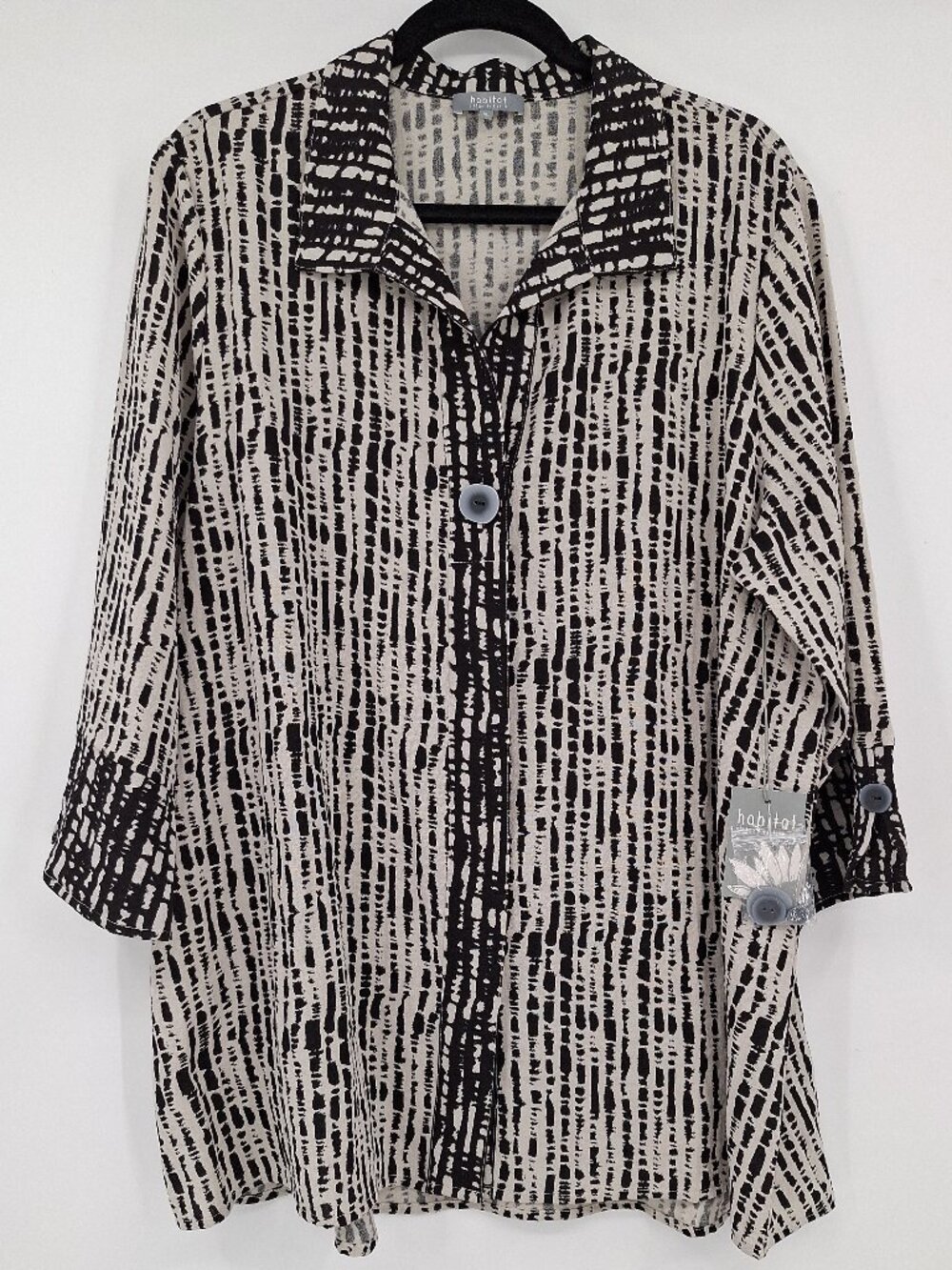 Habitat Womens XL Black White Alabasar Button Up Shirt Tunic 3/4 Sleeve NWT